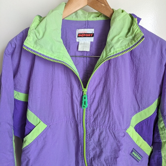 Vintage 90s InSport for Women Purple Neon Green Windbreaker Jacket Medium Hood - Picture 2 of 16